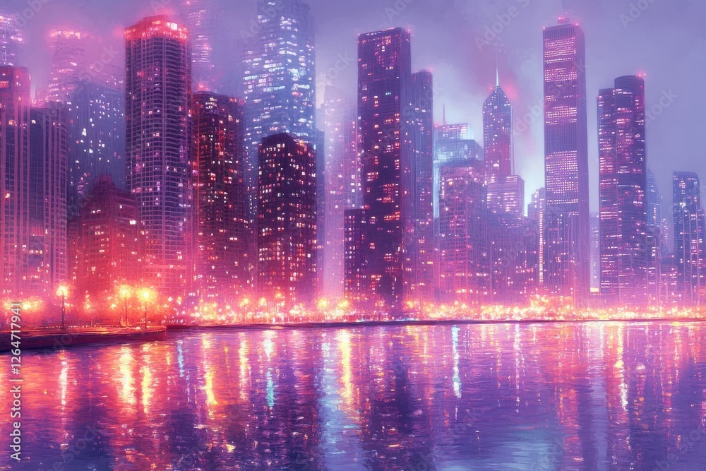 Fototapeta premium Vibrant Night Cityscape with Colorful Lights and Reflections on Calm Water Surface