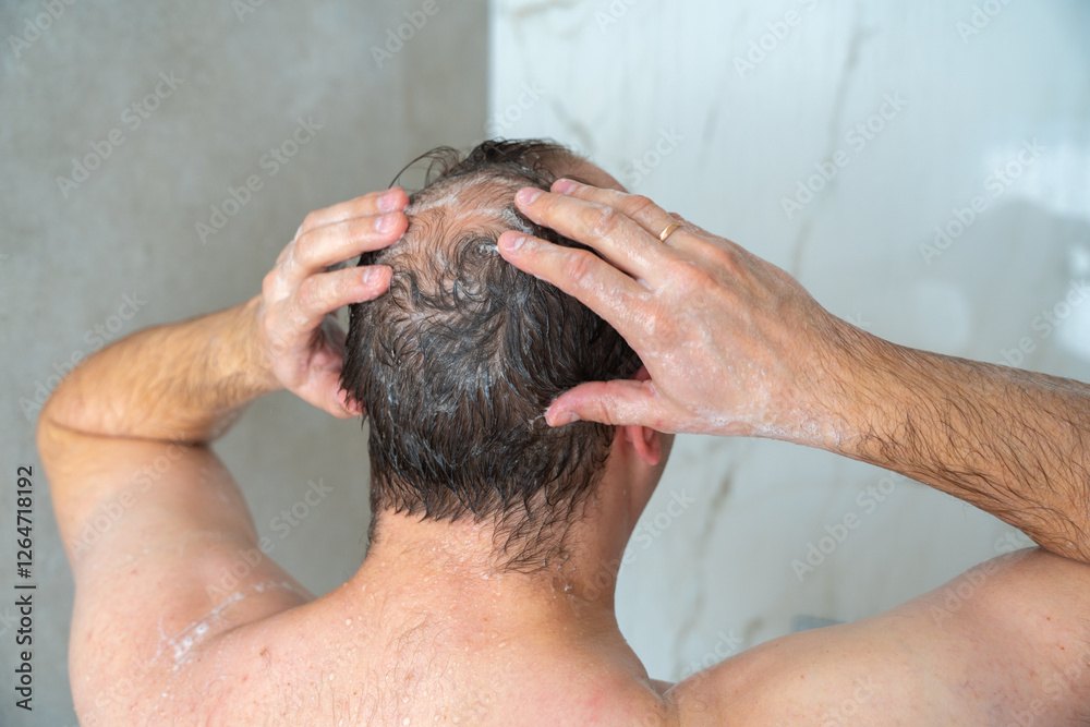 Naklejka premium man soaps his head in the shower, head with a bald spot, standing with his back to the camera, close-up shot. High quality 4k footage