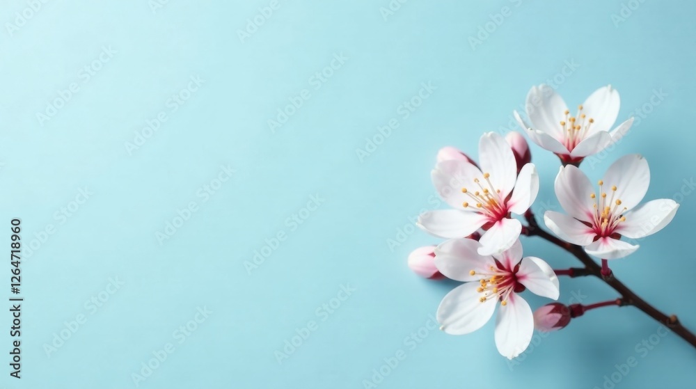 Fototapeta premium Delicate Spring Blossoms on a Light Blue Background, a Peaceful and Serene Floral Image Perfect for Various Applications