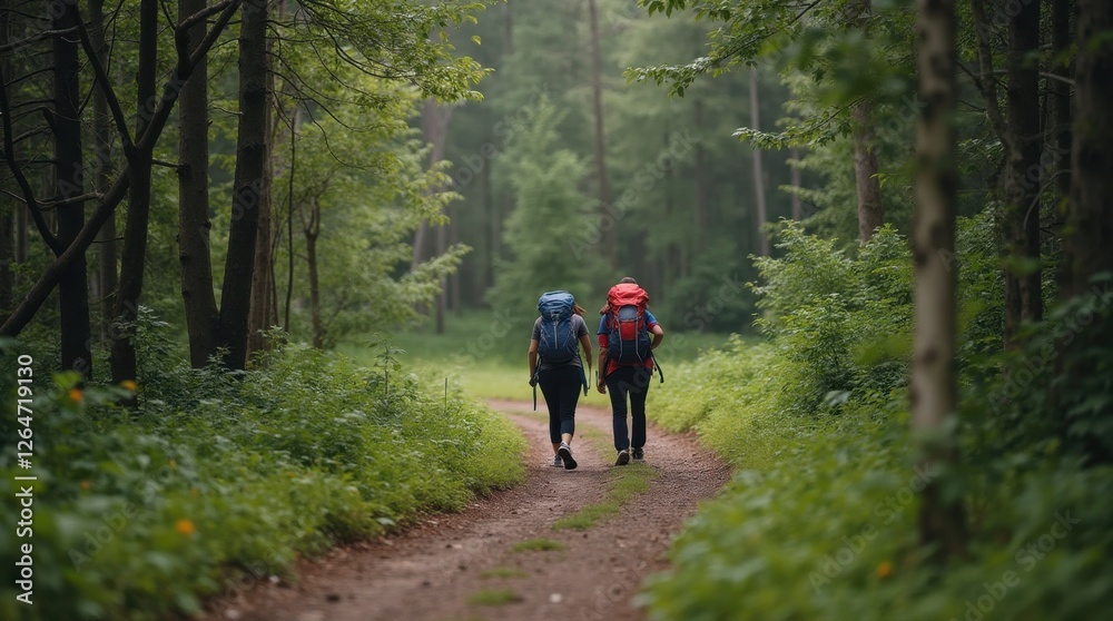 Couple Hiking on a Winding Forest Trail Couple Hiking on a Winding Forest Trail