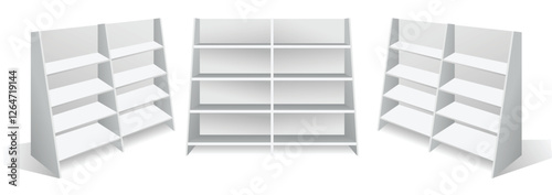 Set of Realistic Retail Store Display Shelving Units isolated on white  