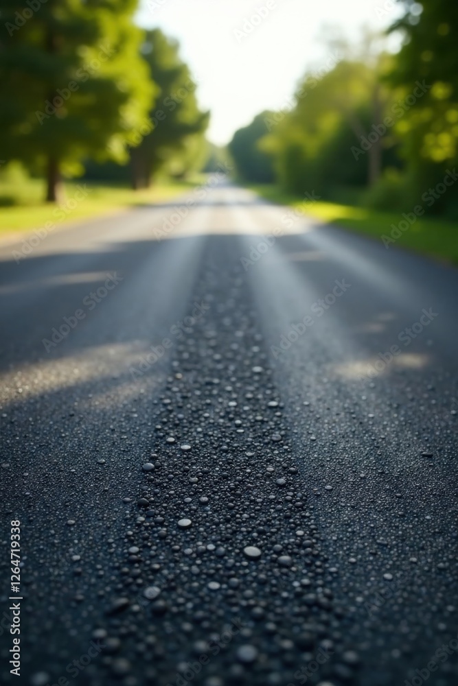 Obraz premium Dew-Kissed Asphalt A Scenic Road Beckons Through Lush Foliage Under a Soft, Bright Sky
