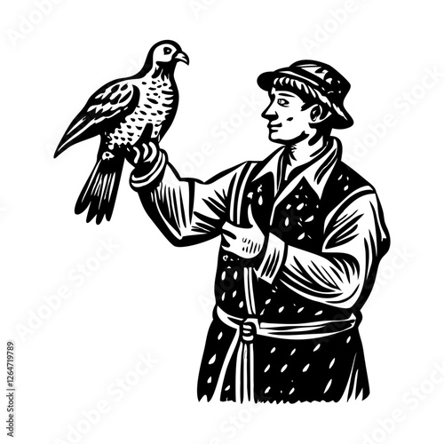 Vintage character illustration of medieval falconer