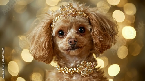 A fashionable pup adorned with gold bling accessories for a playful look.