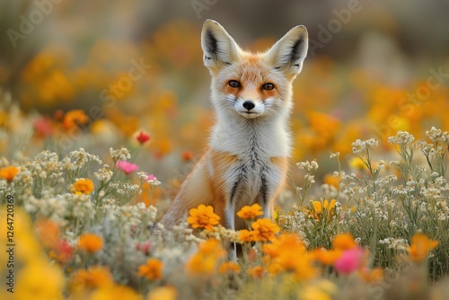 Fox standing among colorful wildflowers in a vibrant natural setting during s...