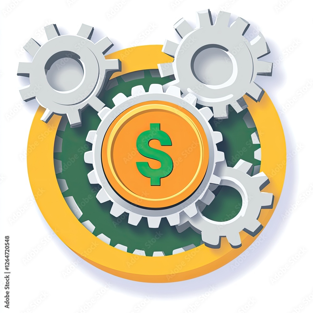 Financial Gear Mechanism, Investment, Business Gears, Dollar Coin Centered, Concept Illustration Financial Gear Mechanism, Investment, Business Gears, Dollar Coin Centered, Concept Illustration