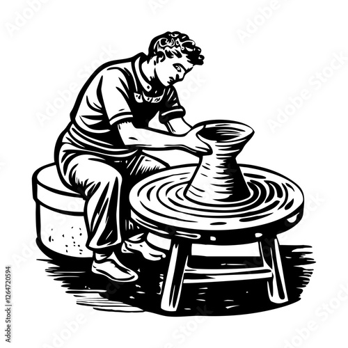 Man working on a pottery wheel, vintage illustration