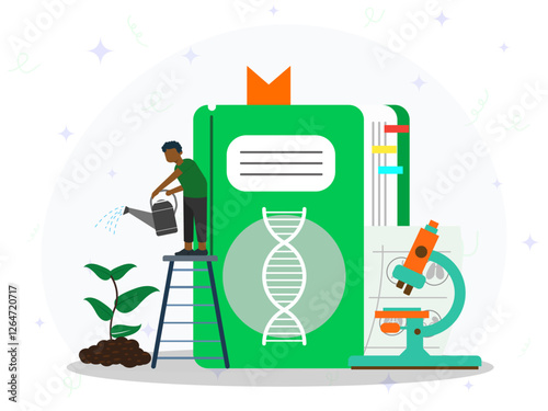 Studying of biology concept. A boy climbs the ladder and is watering a newly grown plant with a large book on DNA behind him. Biology book, microscope, cell, organs, organism, plant, animal. 
