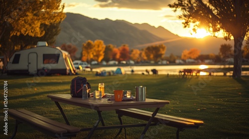 Serenity at Dusk: Camping Setup by the Lake with Scenic Views of Mountains and Warm Sunlight Below Colorful Autumn Trees and Relaxing Atmosphere
