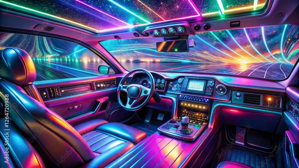 A Futuristic Vehicle's Interior Illuminated with Vibrant Neon Lights, Embarking on a Nighttime Drive Through a Starry Sky A Futuristic Vehicle's Interior Illuminated with Vibrant Neon Lights, Embarking on a Nighttime Drive Through a Starry Sky