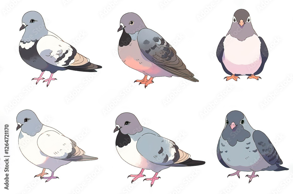 Naklejka premium set of cute cartoon anime pigeon birds isolated on white background