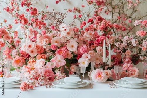 Elegant dinner table adorned with a lavish pink floral arrangement in a brigh...