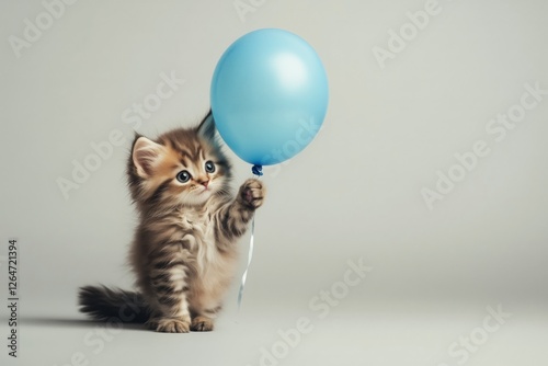 Cute kitten playing with a blue balloon in a playful indoor setting