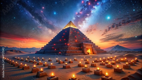 Ancient Pyramid Illuminated at Dusk Under a Starry Sky with Glowing Lanterns