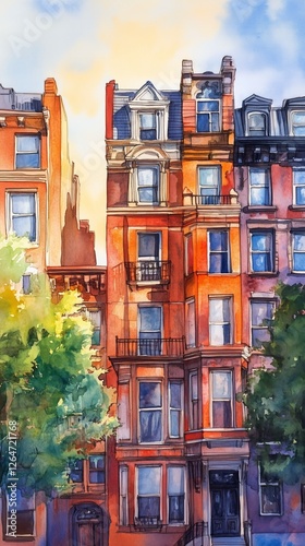 Colorful urban buildings with fire escapes in a lively street setting