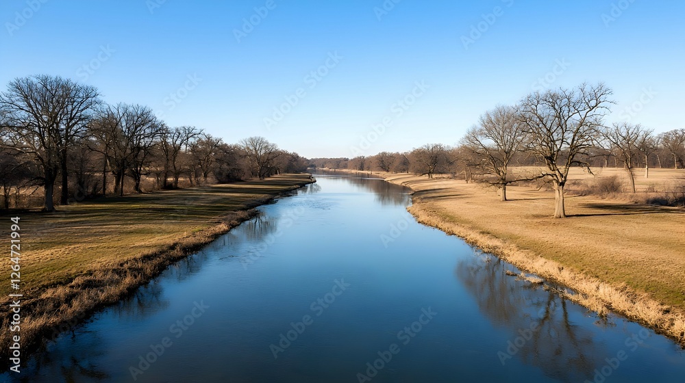 Calm Blue River Flowing Through Winter Landscape Calm Blue River Flowing Through Winter Landscape