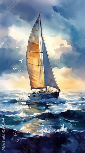 Sailboat gliding across vibrant waves during a serene sunset by the coast