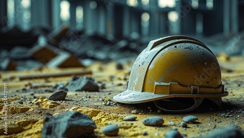 Abandoned Hard Hat in a Ruined Construction Site ideal for themes related to construction safety, workplace hazards, industrial decline, or disaster aftermath