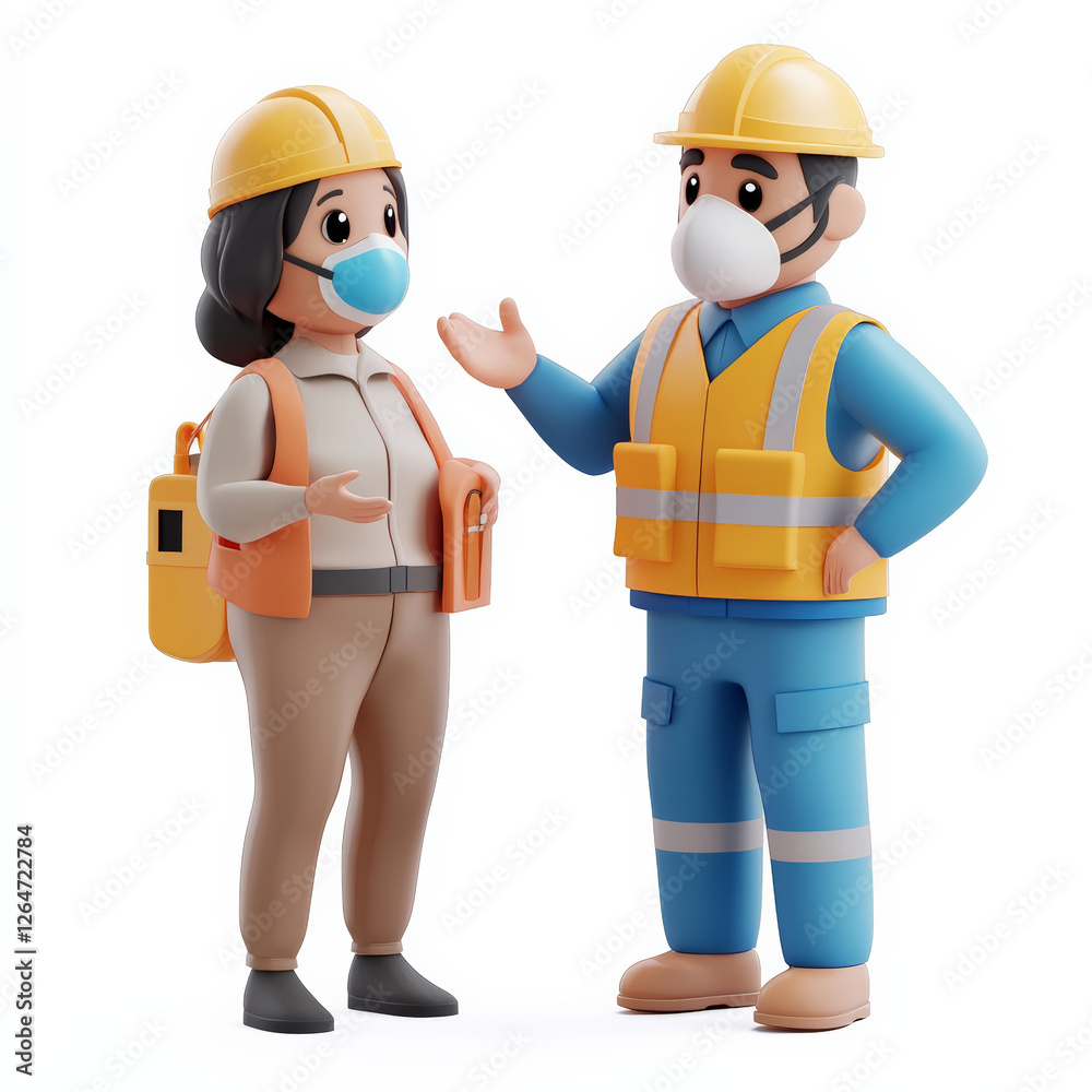 Mold removal technicians discussing safety measures in construction site