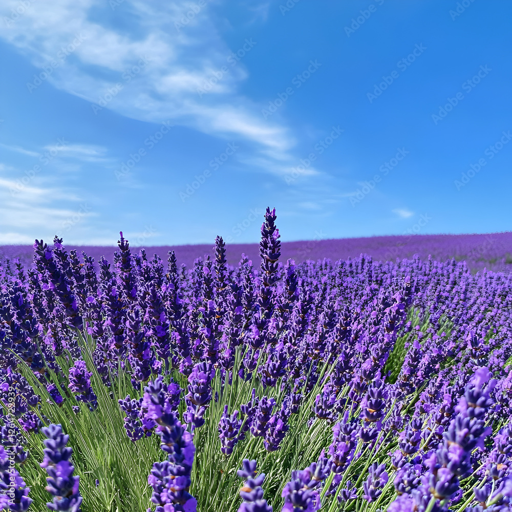 Naklejka premium Lavender Field in Bloom: A vibrant field of lavender stretches towards the horizon under a clear, cerulean sky, creating a sense of tranquility and natural beauty.