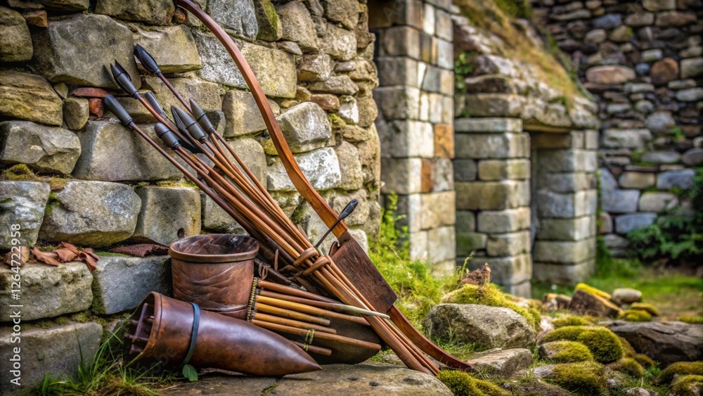 custom made wallpaper toronto digitalAn abandoned bow and a quiver of arrows leaning against a stone wall
