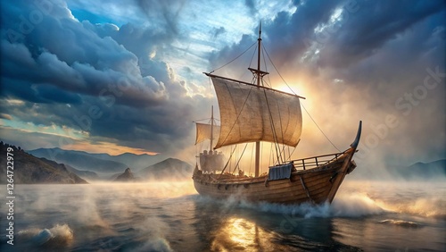 An ancient Greek ship with tattered sails drifting through misty waters