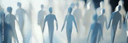 A stunning arrangement of white silhouettes of paper figures, artistically presented, symbolizing human connection and emotion with a dreamlike background of soft light.