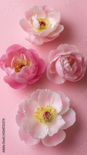 Four beautiful peony flowers arranged elegantly on a soft pink background, showcasing vibrant colors