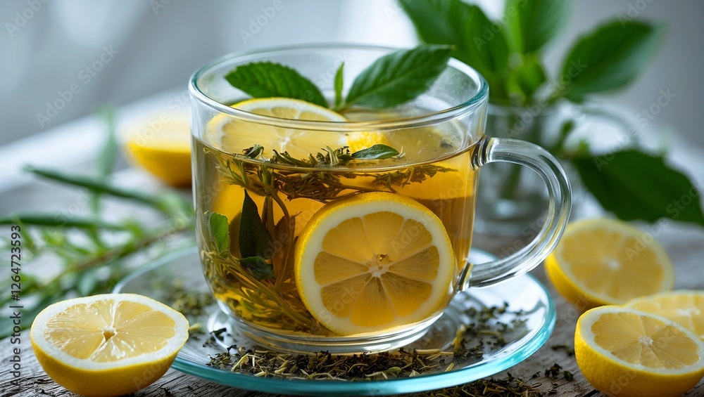 Invigorating herbal tea with lemon slices in glass Invigorating herbal tea with lemon slices in glass