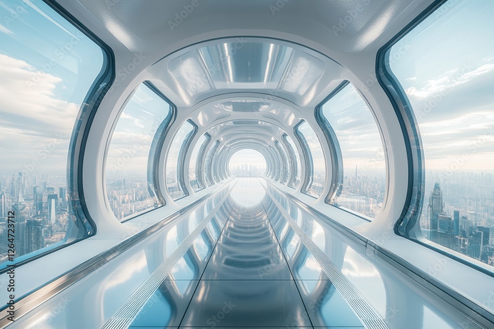 Futuristic Architectural Pathway with Scenic Cityscape View Under Soft Natural Light Futuristic Architectural Pathway with Scenic Cityscape View Under Soft Natural Light