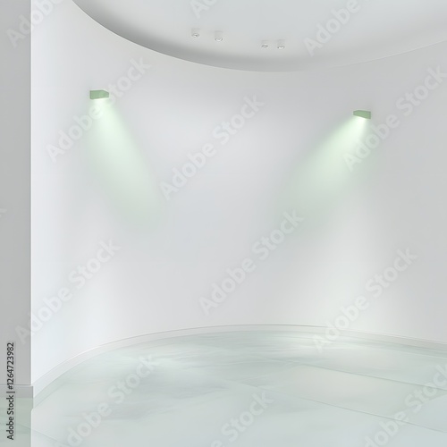 A curved white wall with two soft green spotlights, set in a tranquil gallery corner with a frosted glass floor and minimalistic surroundings.