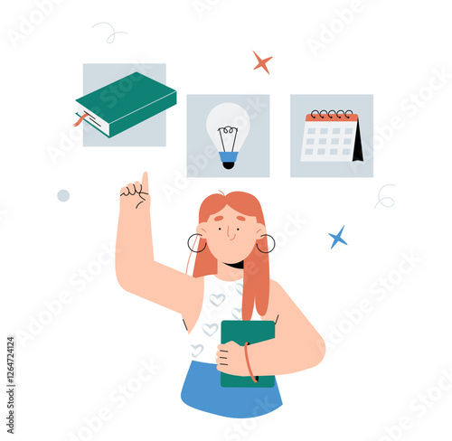 Female Student Holding A Book With Study And Planning Icons In Flat Vector Illustration Symbolizing Education, Organization, And Knowledge, Isolated On White Background