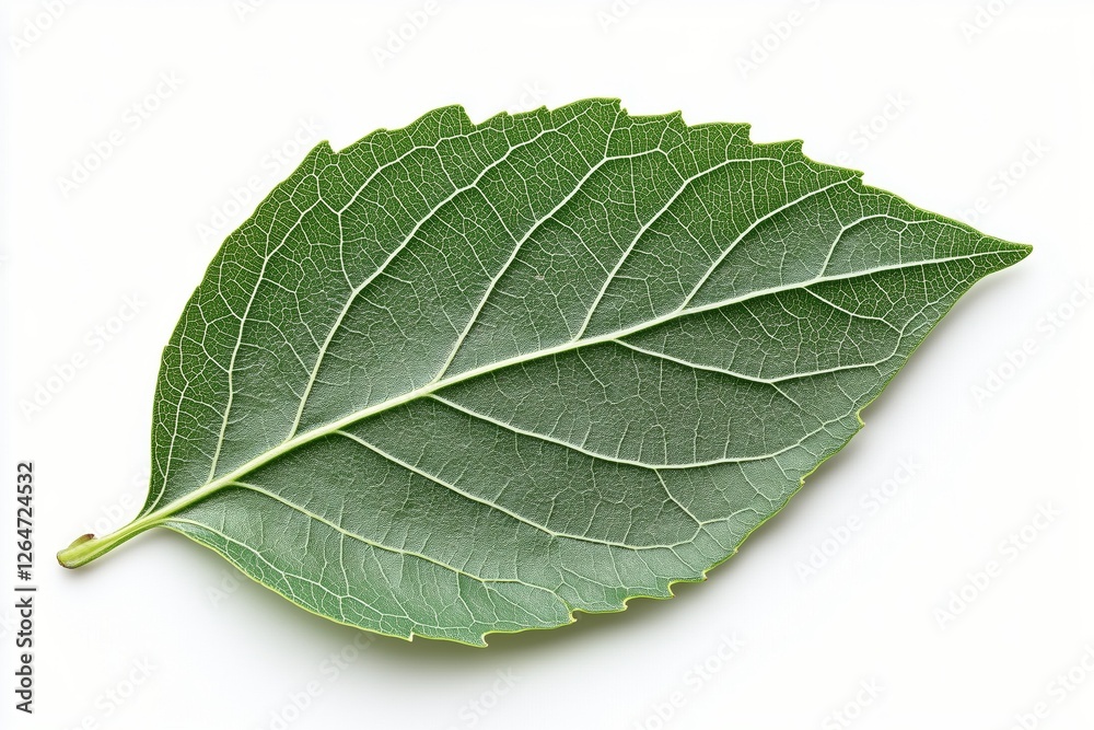 Obraz premium Detailed close-up of a green leaf showcasing intricate vein patterns on a light background
