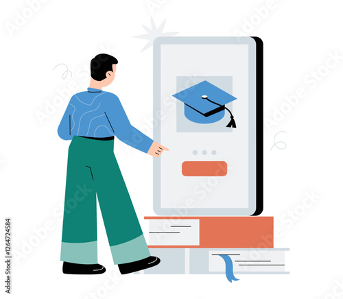 Male Student Using Online Education Platform On Smartphone In Flat Vector Illustration Symbolizing Digital Learning, E Learning, And Virtual Study, Isolated On White Background