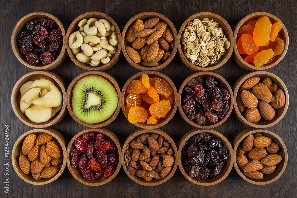 Assorted Nuts and Dried Fruits in Wooden Bowls Assorted Nuts and Dried Fruits in Wooden Bowls