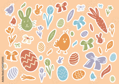 Stickers de Pâques avec œufs, lapins, poussin, carottes, tulipes et rubans