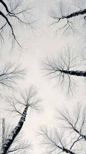 Snow-covered landscape features bare trees arranged in a symmetrical pattern ...