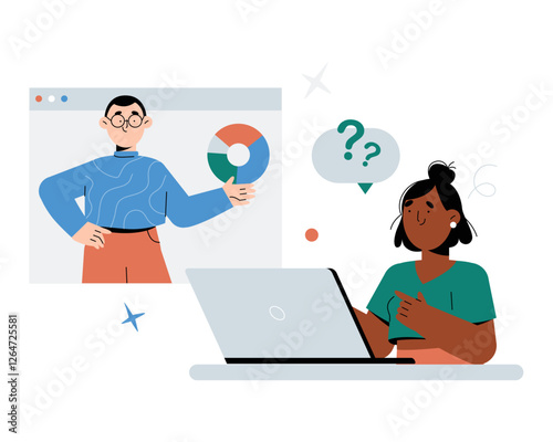 Female Student Attending Online Lecture In Flat Vector Illustration Symbolizing E Learning, Virtual Education, And Remote Learning, Isolated On White Background