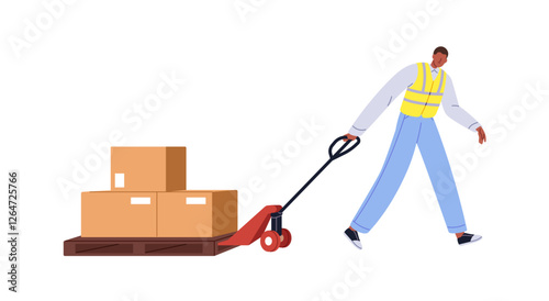 Logistic storage worker pulls heap of boxes with forklift. Loader carries cardboard packages with lifter. Handyman in reflective vest works in warehouse. Flat isolated vector illustration on white