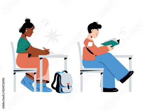 Students Studying In Classroom, Male And Female Characters Learning, Flat Vector Illustration Symbolizing Education, Knowledge, And Academic Life, Isolated On White Background