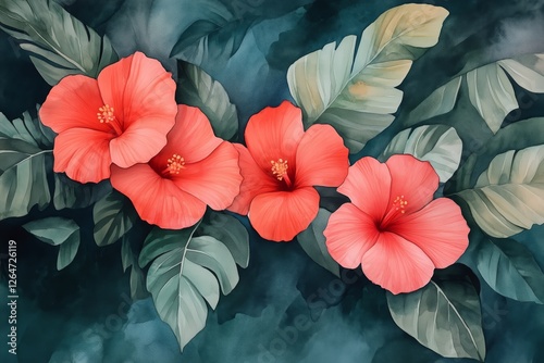 Vibrant hibiscus flowers bloom among lush green leaves in a tropical setting