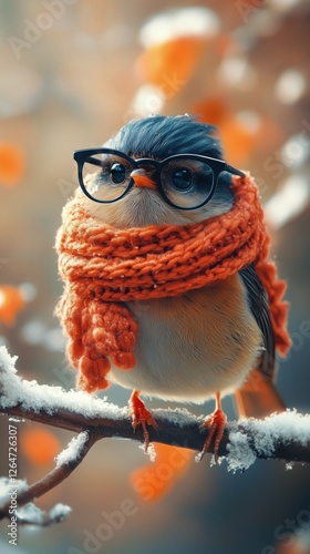 Cute bird wearing glasses and a cozy scarf amidst a snowy autumn landscape