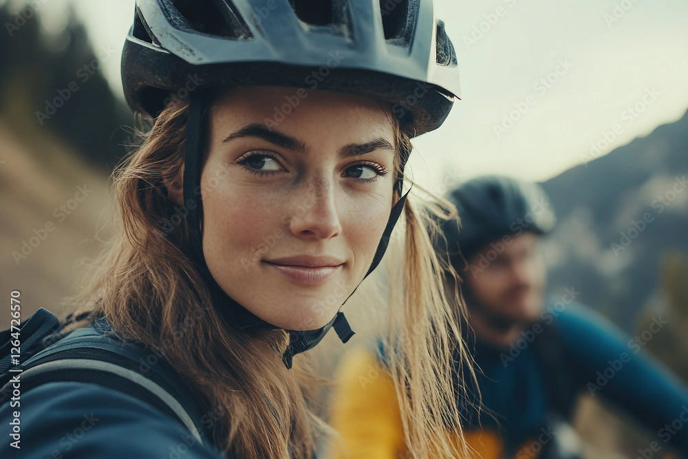Close-up of a smiling female cyclist wearing a helmet, enjoying a spring ride outdoors, Generative AI