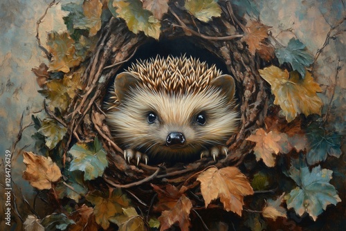 Hedgehog peeks out from a nest surrounded by autumn leaves in a serene forest...