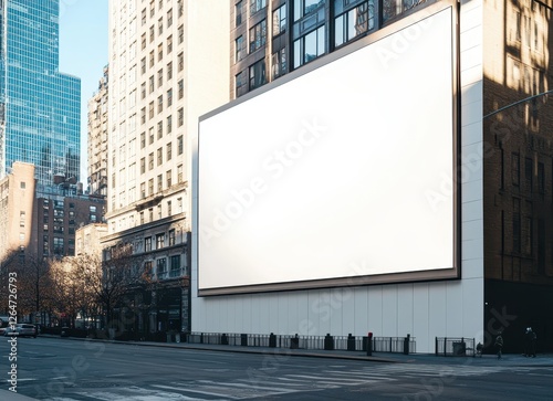 Large blank billboard in urban setting with skyscrapers