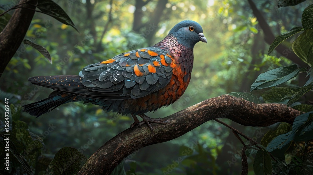 Colorful pigeon perched on a branch in a lush forest. Colorful pigeon perched on a branch in a lush forest.