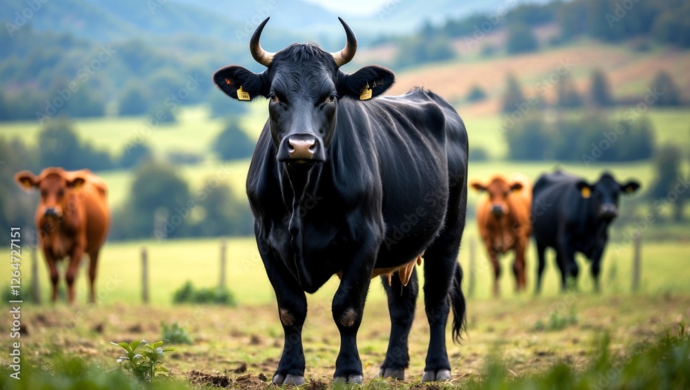 Majestic black cow stands proudly in pastoral landscape Majestic black cow stands proudly in pastoral landscape