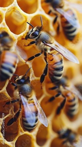 Bees gathering nectar and creating honey in a beehive during a sunny afternoo...