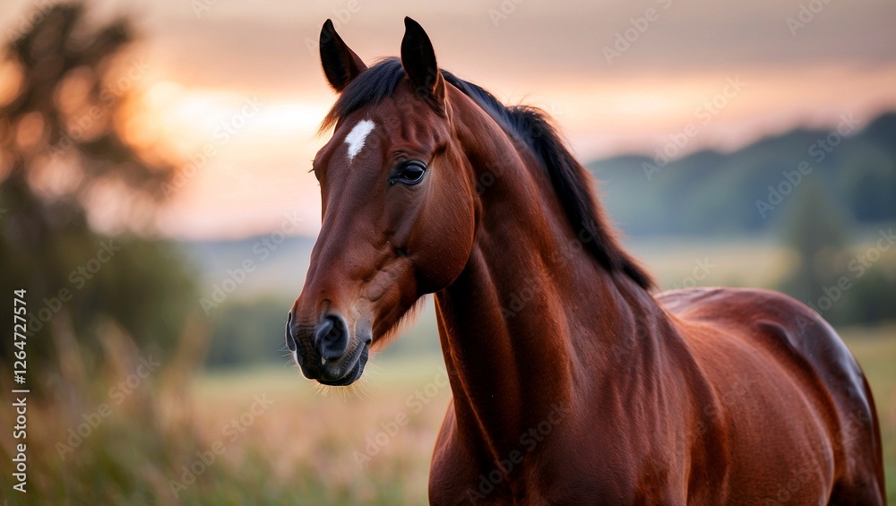 Fototapeta premium Majestic brown horse in serene natural landscape