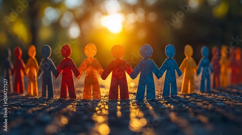 A vibrant scene with colorful paper figures holding hands, beautifully illuminated by the warm light of sunset, symbolizing joy and togetherness in community.